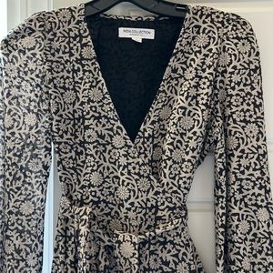 Emerson Fry, midi wrap dress. Black and Stone small print.